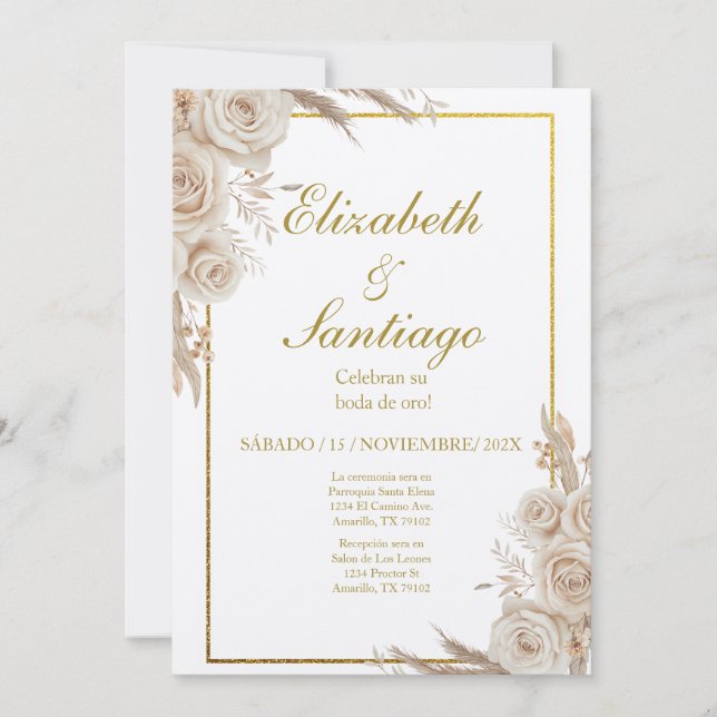 Elegant 50th Wedding Boho Spanish Einladung (Vorderseite)