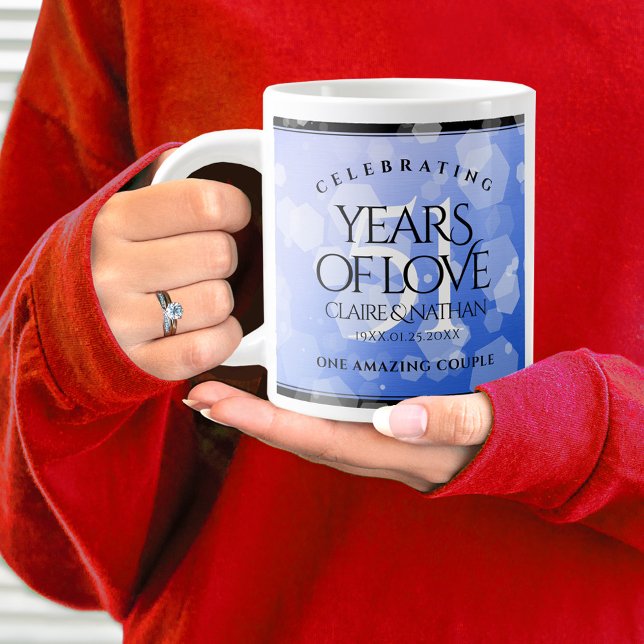 Elegant 51. Saphire Hochzeitstag Jumbo-Tasse (51st wedding anniversary jumbo mug held by woman sporting a wedding ring and blue sweatshirt.)