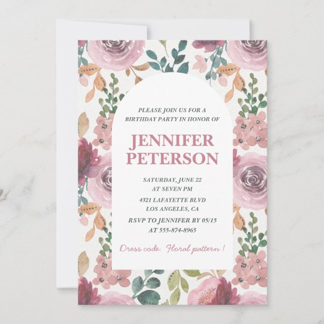 Elegant 52. Geburtstag Einladungen Floral Boho Pin (Vorderseite)