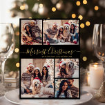 Elegant 5 Foto Collage Frohe Weihnachten<br><div class="desc">Modern Simple Elegant Kalligrafie Script Black und Gold 5 Foto Collage Frohe Weihnachtskarte. Dieses festliche, minimalistische, skurrile 5 (5) Foto Feiertagskarte Template verfügt über eine hübsche Gitter Foto Collage und sagt "Frohe Weihnachten"! Der Grußtext "Frohe Weihnachten" ist in einer wunderschönen Hand geschrieben, Wirble Swash-Schwanz-Schriftart-Schrift in Gold auf schwarzem Hintergrund geschrieben....</div>