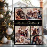 Elegant 5 Foto Collage Frohe Weihnachten<br><div class="desc">Modern Simple Elegant Kalligrafie Script Black und Gold 5 Foto Collage Frohe Weihnachtskarte. Dieses festliche, minimalistische, skurrile 5 (5) Foto Feiertagskarte Template verfügt über eine hübsche Gitter Foto Collage und sagt "Frohe Weihnachten"! Der "Merriest Christmas"-Grußtext ist in einer wunderschönen Hand geschrieben, Wirble Swash-Schwanz Typografie oder Kalligraphie Skript in rot auf...</div>