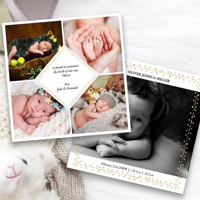 Elegant 5 Foto Gold Dot & Dash Geburtshinweis Ankündigung (5 Photo Baby Birth Announcement. Buy printed or as a printable digital download)