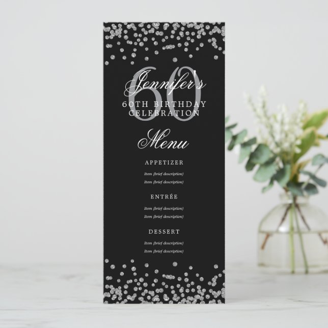 Elegant 60. Geburtstag Menü Silver Black Confetti Einladung (Stehend Vorderseite)