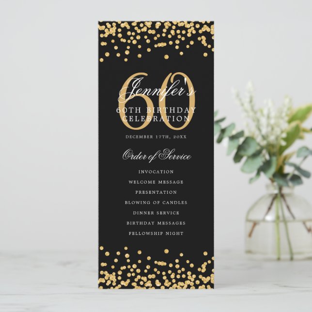 Elegant 60. Geburtstag Programm Gold Black Confett (Stehend Vorderseite)