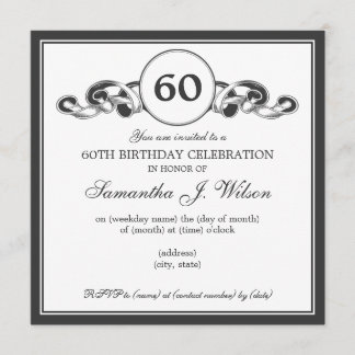 Elegant 60. Geburtstag Wirbles Ribbon Schwarz Einladung
