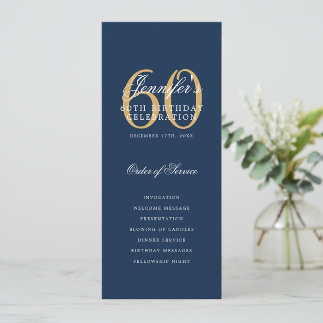 Elegant 60. Geburtstagsparty Programm Navy Gold (Stehend Vorderseite)