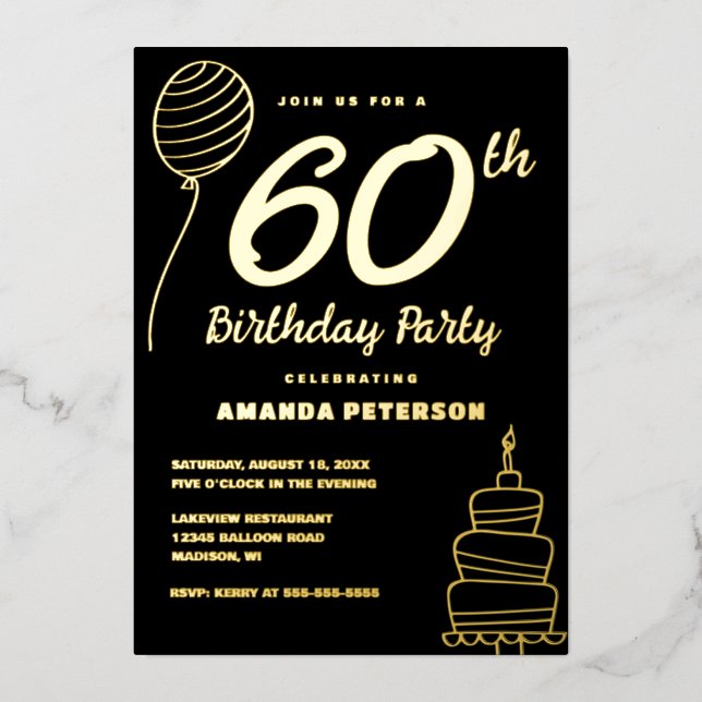 Elegant 60. Geburtstagsparty Real Gold Folieneinladung (Vorderseite)