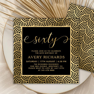 Elegant 60 Script Black und Gold 60. Geburtstag Einladung
