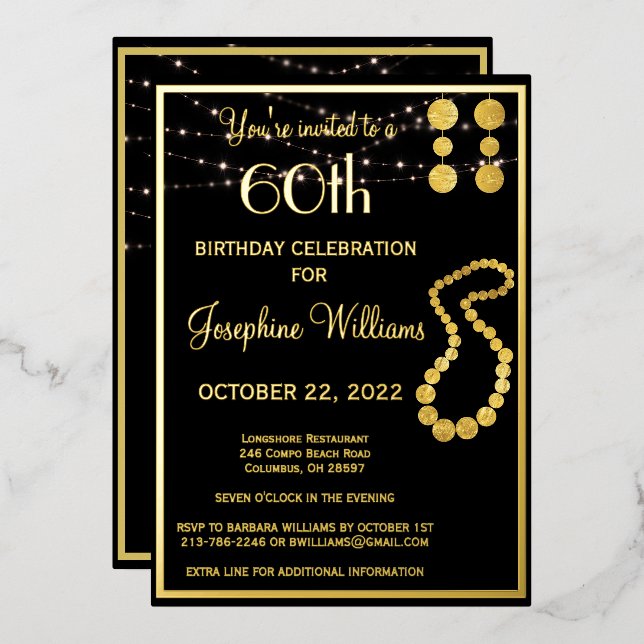 Elegant 60 Sixty Birthday Black REAL Gold Folieneinladung (Vorderseite/Rückseite)