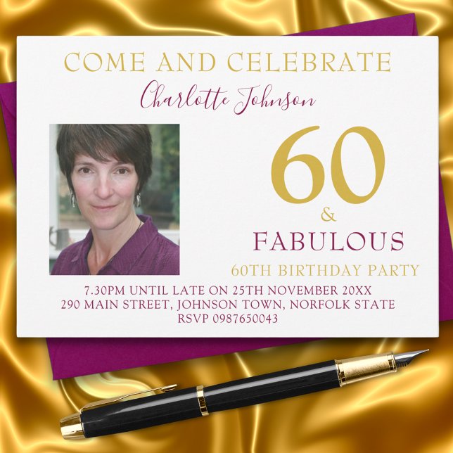 Elegant 60 und fabelhaftes Foto 60. Geburtstag Einladung (60 and fabulous photo template stylish gold and purple 60th birthday party invitation )