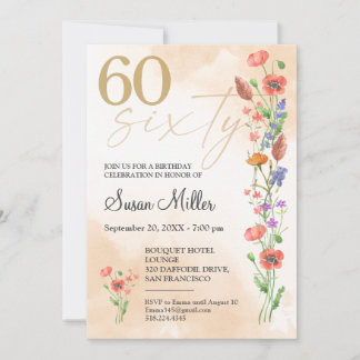 Elegant 60th Birthday – Elegant Watercolor Flowers Einladung