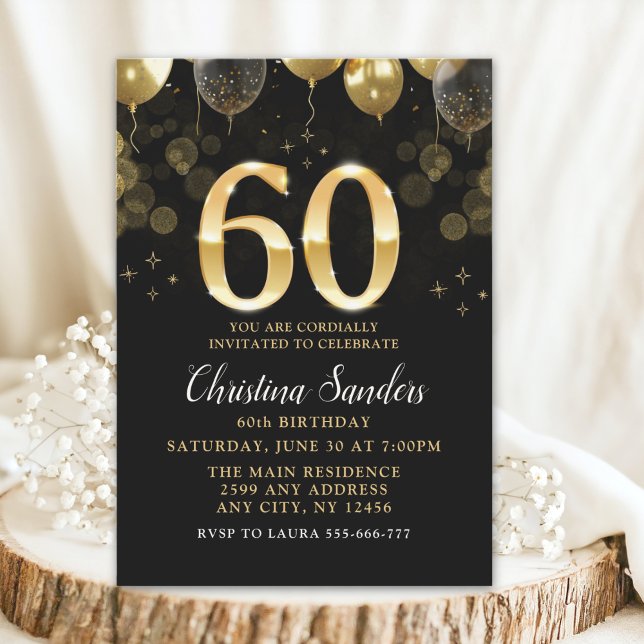 Elegant 60th Birthday Invitation with Gold Ballons Einladung (Von Creator hochgeladen)