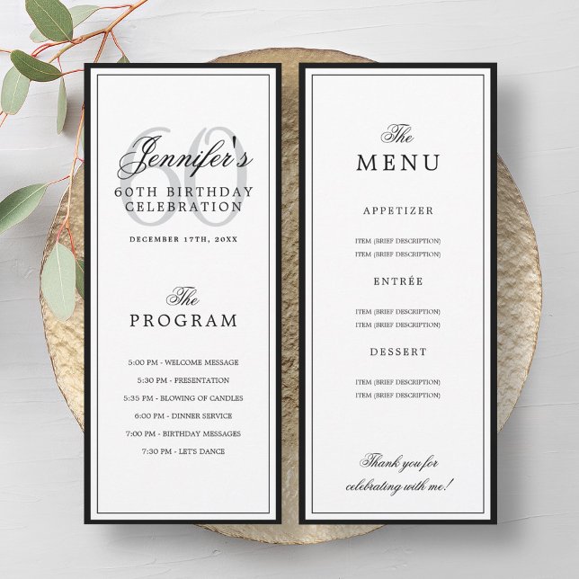 Elegant 60th Birthday Party Program + Menu  Einladung (Elegant 60th Birthday Party Program + Menu)