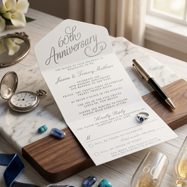 Elegant 60th Diamond Wedding Anniversary Real Foil All-in-One-Einladung (Von Creator hochgeladen)