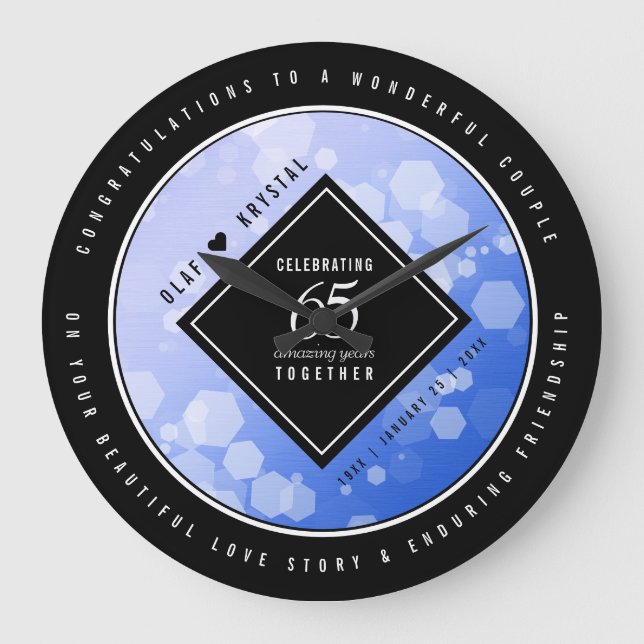 Elegant 65. Blue Sapphire Hochzeitstag Große Wanduhr (Vorderseite)