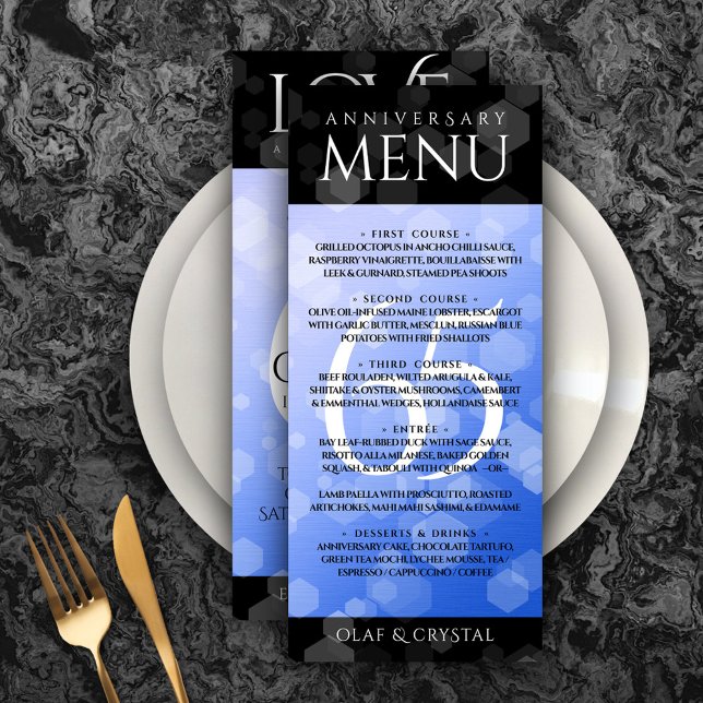 Elegant 65. Blue Sapphire Hochzeitstag Menükarte (Elegant 65th Blue Sapphire Wedding Anniversary Menu Rack Card Cover Photo.)