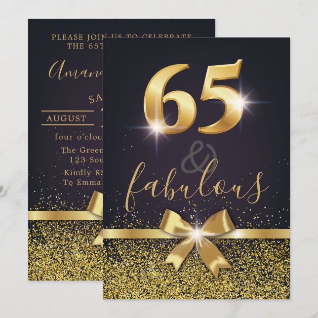 Elegant 65 & Fabulous Gold Glitzer 65. Geburtstag Einladung (Vorne/Hinten)