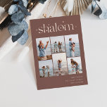 Elegant 6 Foto Collage Shalom Hanukkah Folien Feiertagskarte<br><div class="desc">Freuen Sie sich auf diese modernen Hanukkah-Urlaubskarten,  die 6 Ihrer beliebtesten Fotos in einer Gitterkollektion enthalten. "Shalom" erscheint oben in der Rose goldene Folie,  die mit kleinen Sternen geschmückt ist. Personalisieren Sie Ihren Urlaub Gruß,  Familienname und das Jahr unten rechts.</div>