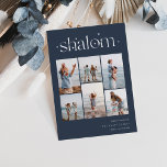 Elegant 6 Foto Collage Shalom Hanukkah Folien Feiertagskarte<br><div class="desc">Freuen Sie sich auf diese modernen Hanukkah-Urlaubskarten,  die 6 Ihrer beliebtesten Fotos in einer Gitterkollektion enthalten. "Shalom" erscheint oben in Silberfolie verbunden mit Schriften,  die mit winzigen Sternen geschmückt sind. Personalisieren Sie Ihren Urlaub Gruß,  Familienname und das Jahr unten rechts.</div>