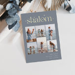 Elegant 6 Foto Collage Shalom Hanukkah Folien Feiertagskarte<br><div class="desc">Freuen Sie sich auf diese modernen Hanukkah-Urlaubskarten,  die 6 Ihrer beliebtesten Fotos in einer Gitterkollektion enthalten. "Shalom" erscheint oben in goldener Folie,  die mit kleinen Sternen geschmückt ist. Personalisieren Sie Ihren Urlaub Gruß,  Familienname und das Jahr unten rechts.</div>