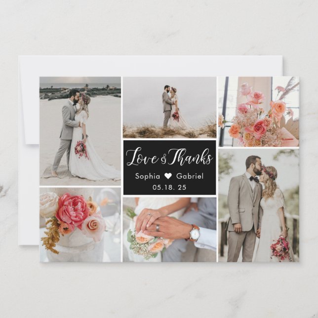 Elegant 6 Fotocollage Schwarz-Weiß-Hochzeit Dankeskarte (Vorderseite)