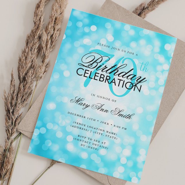 Elegant 70. Geburtstag Glam Türkis Shimmer Licht Einladung (Elegant 70th Birthday Glam Turquoise Shimmer Light Invitation)