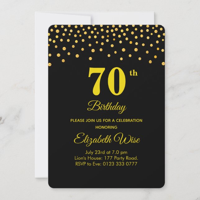 Elegant 70. Geburtstag & Gold Confetti auf schwarz Einladung (Vorderseite)