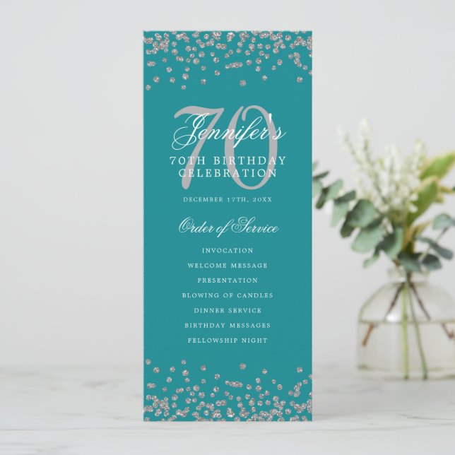 Elegant 70. Geburtstag Programm Silver Menu Aquama (Stehend Vorderseite)