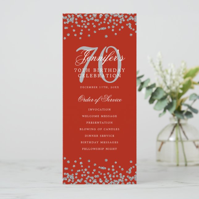 Elegant 70. Geburtstag Programm Silver Menu Rot (Stehend Vorderseite)