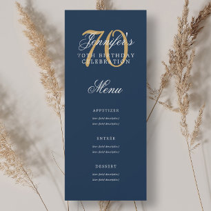 Elegant 70. Geburtstagsparty Menü Gold Navy Blue Einladung