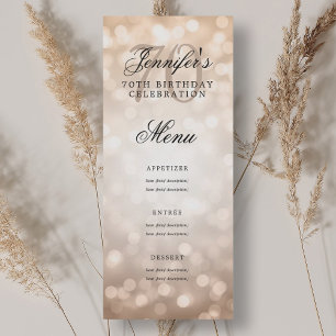 Elegant 70. Geburtstagsparty Menü Rose Gold Bokeh Einladung