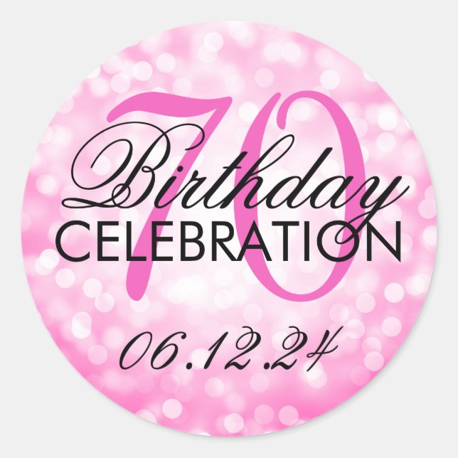 Elegant 70. Geburtstagsparty Pink Glitzer Lights Runder Aufkleber (Vorderseite)