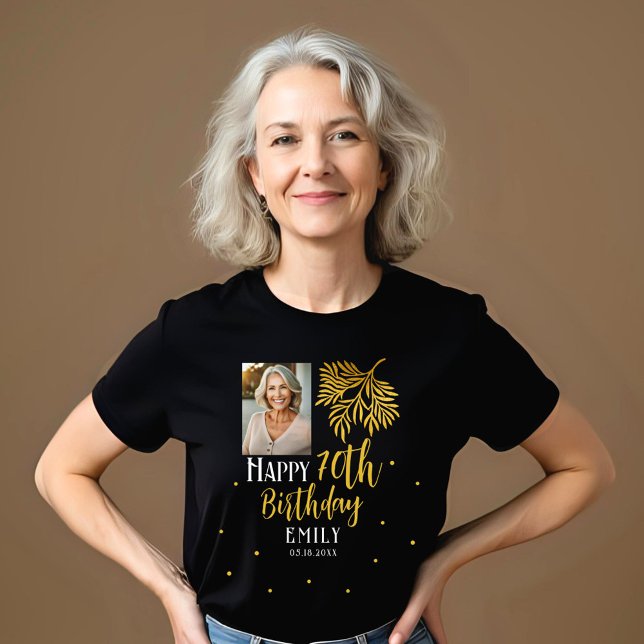 Elegant 70th Birthday Gold Foliage Photo Party Tri-Blend Shirt (Von Creator hochgeladen)