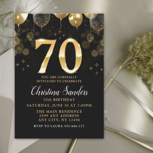 Elegant 70th Birthday Invitation with Gold Ballons Einladung (Von Creator hochgeladen)