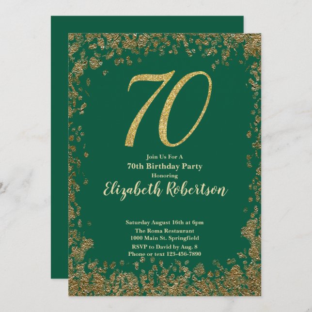 Elegant 70th Green Birthday Invitation Gold Sequin Einladung (Vorne/Hinten)