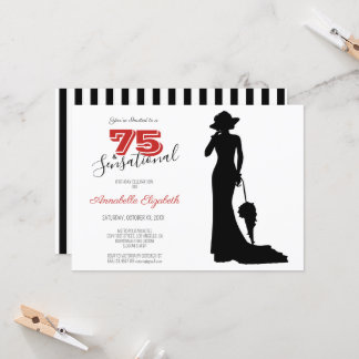 Elegant 75. Geburtstag Rot/Schwarz 75 & SENSATIONA Einladung