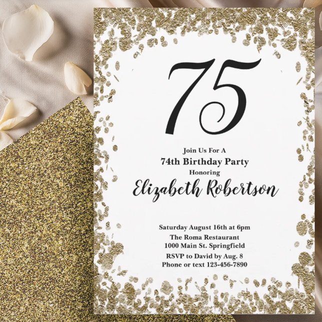 Elegant 75th Birthday Invitation With Gold Sequins Einladung (Von Creator hochgeladen)