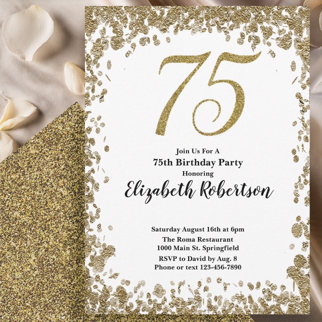 Elegant 75th Birthday White and Gold Sequin Einladung (Von Creator hochgeladen)