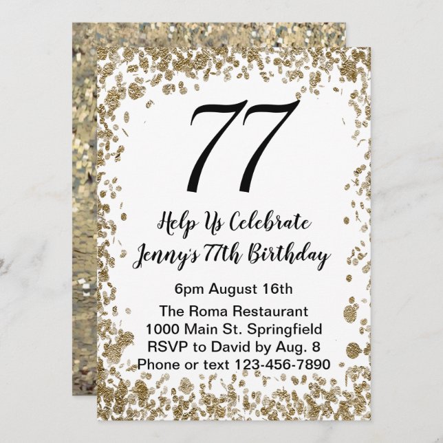 Elegant 77th Birthday Invitation in black and gold Einladung (Vorne/Hinten)