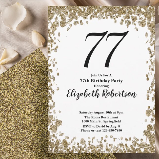 Elegant 77th Birthday Invitation With Gold Sequins Einladung (Von Creator hochgeladen)