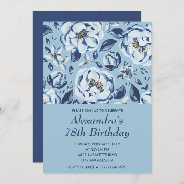 Elegant 78. Geburtstag Einladungen Floral Blue (Vorne/Hinten)