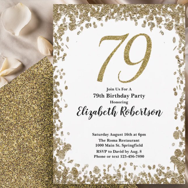 Elegant 79th Birthday Invitation With Gold Sequins Einladung (Von Creator hochgeladen)