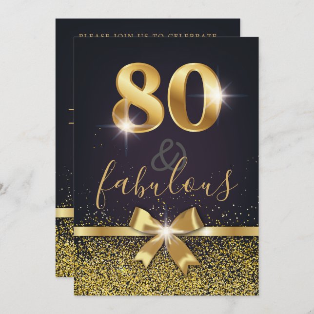 Elegant 80 & Fabulous Gold Glitzer 80. Geburtstag Einladung (Vorne/Hinten)