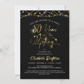 Elegant 80. Geburtstag Black Gold Script Lights Einladung