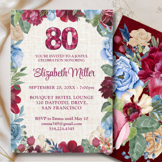 Elegant 80. Geburtstag - Burgund Blumendesign Einladung