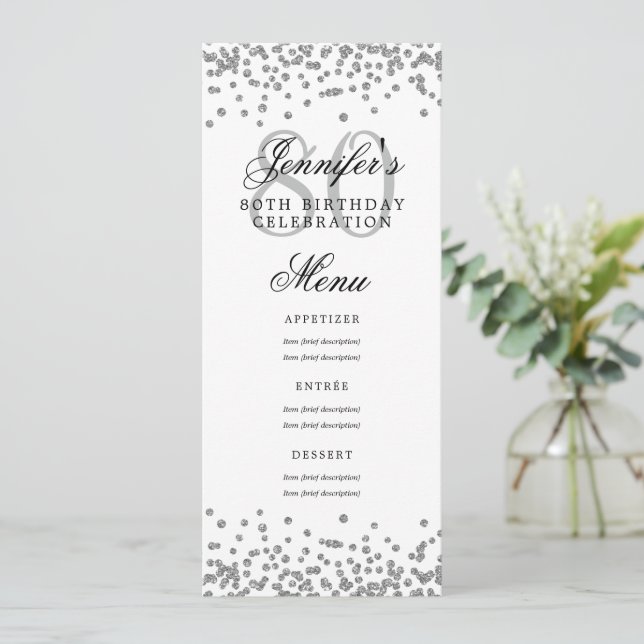 Elegant 80. Geburtstag Menü Silver Confetti Einladung (Stehend Vorderseite)