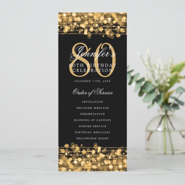 Elegant 80. Geburtstag Programm Gold mit vielen Da (Stehend Vorderseite)