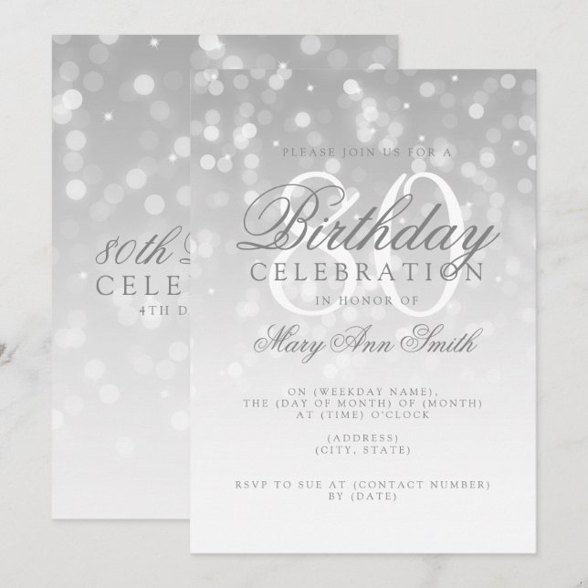 Elegant 80. Geburtstag Silver Bokeh Sparkle Lights Einladung (Vorne/Hinten)