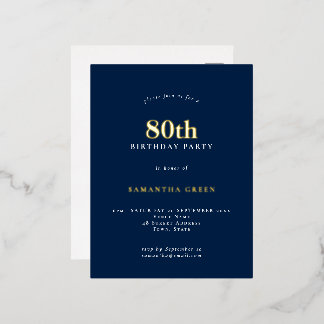Elegant 80. Geburtstagsparty Navy Blue Glam Folie Einladungspostkarte