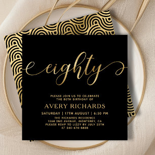Elegant 80 Gold Script Black 80. Geburtstag Einladung